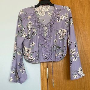 Purple floral bell sleeve crop top